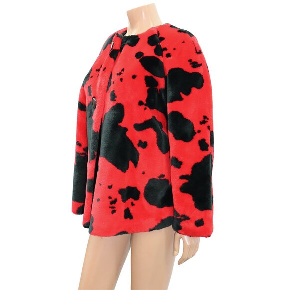 LUXE Y2K Le Chateau Red Black Faux Fur Printed Statement Coat S - Picture 3 of 6